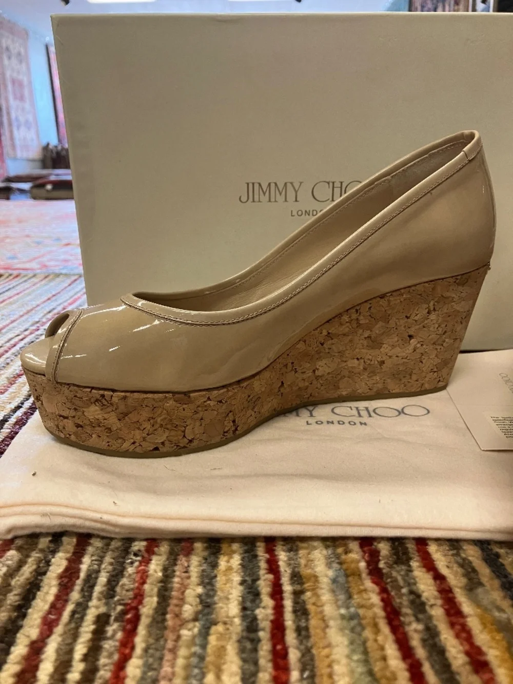 NEW Jimmy Choo USA 7 - Open Toe, Nude (Tan, Beige), Patent Leather, Cork Wedges